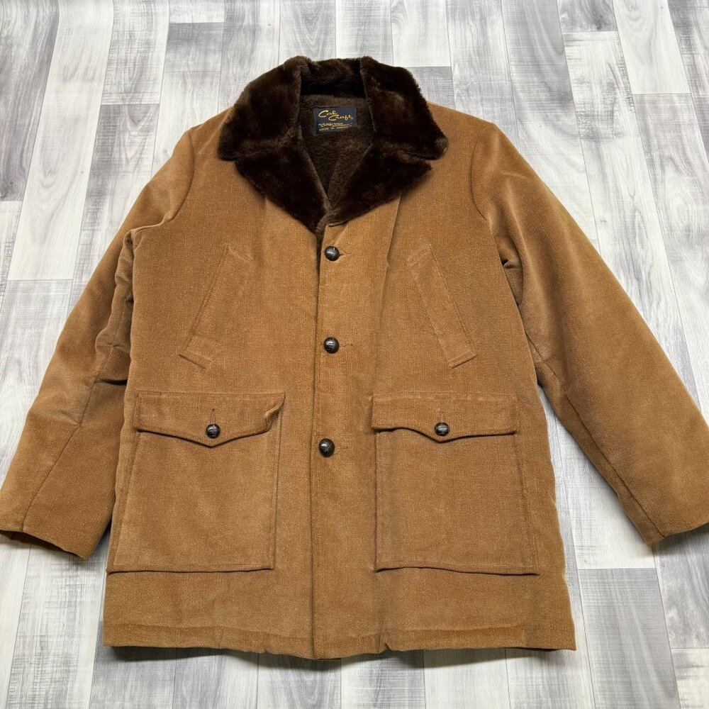 ✅Mens L VTG Cal Craft Faux Fur Lined Brown Corduroy Jacket Western **SMALL TEAR